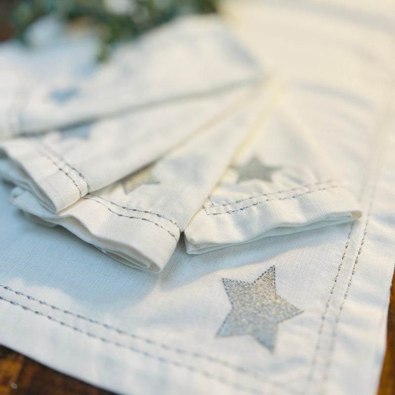 Silver Star Embroidered Table Runner - White