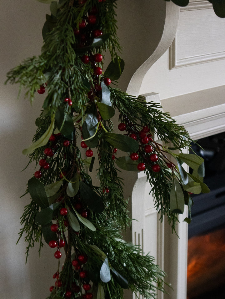 Real Touch Cypress, Olive Leaf and Red Berry Garland (183cm)