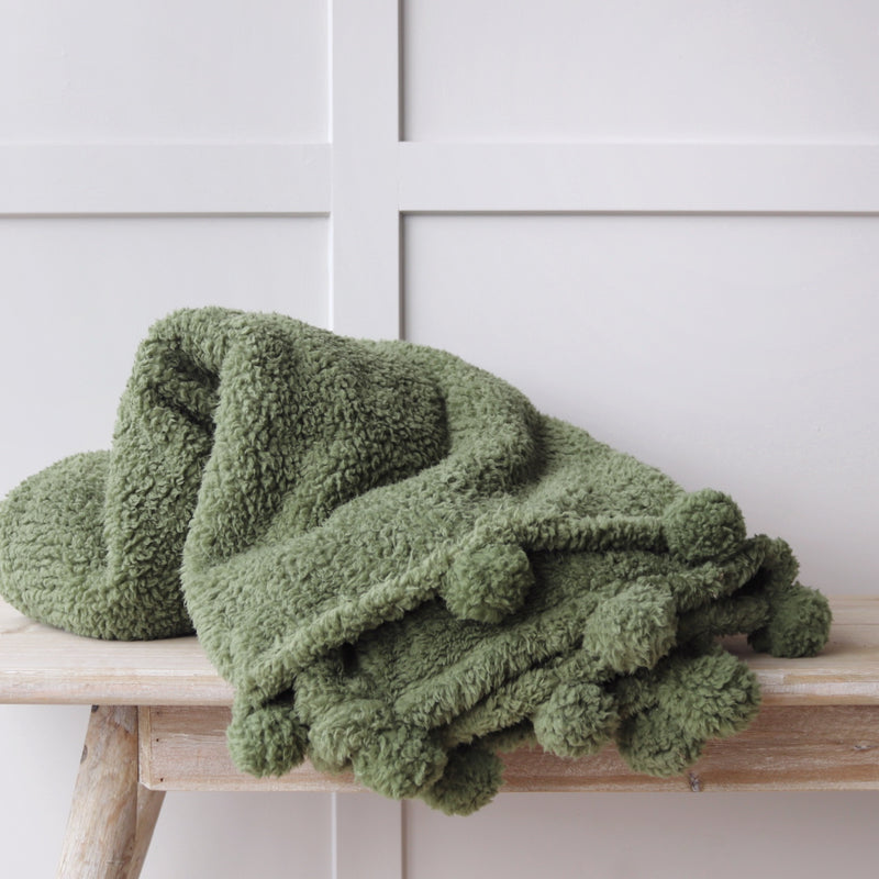 Cosy Pom Pom Throw - Olive