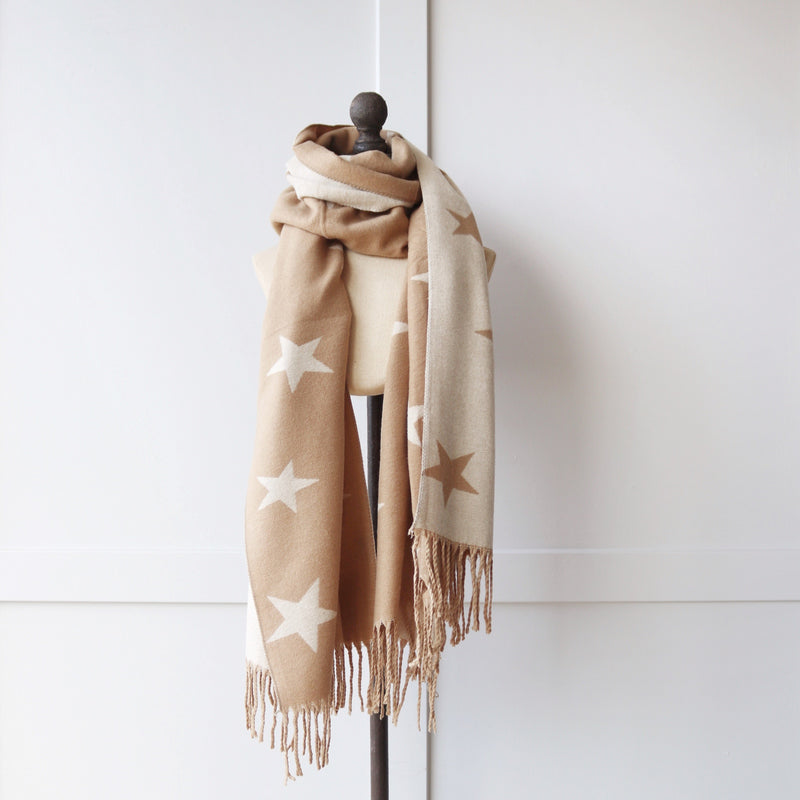 Reversible Cashmere Mix Star Scarf - Camel