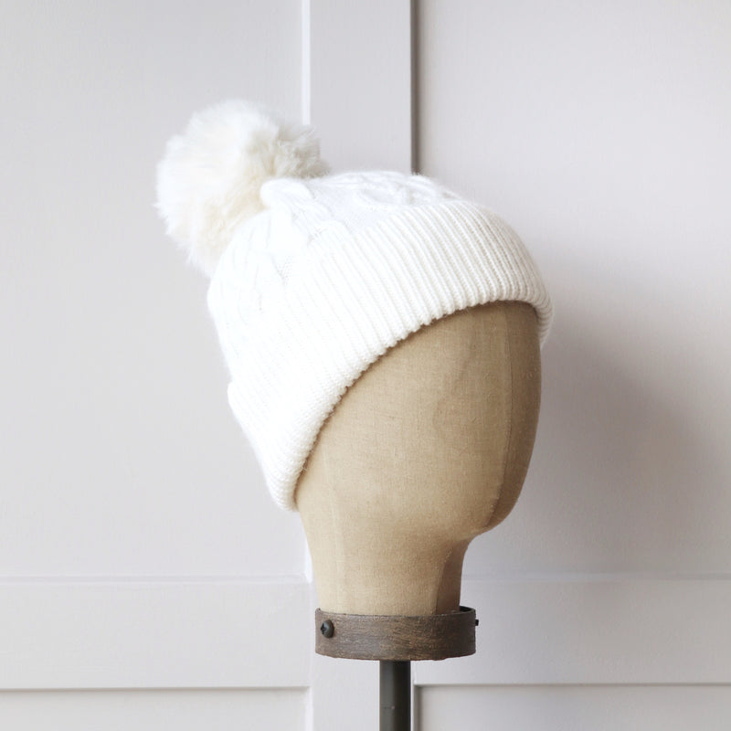 Cable Knit Bobble Hat - Winter White