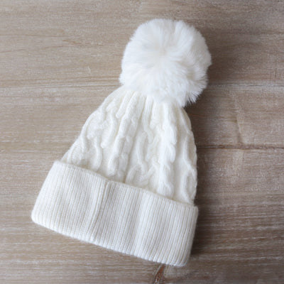 Cable Knit Bobble Hat - Winter White