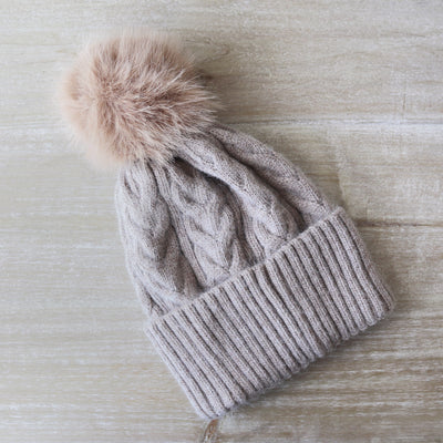 Cable Knit Bobble Hat - Latte