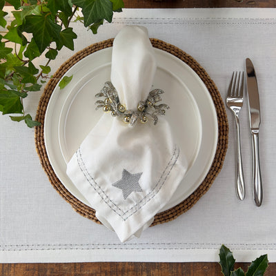 Silver Star Embroidered Napkin - White