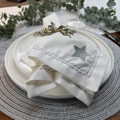 Silver Star Embroidered Napkin - White