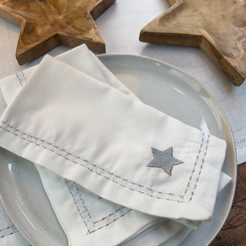 Silver Star Embroidered Napkin - White