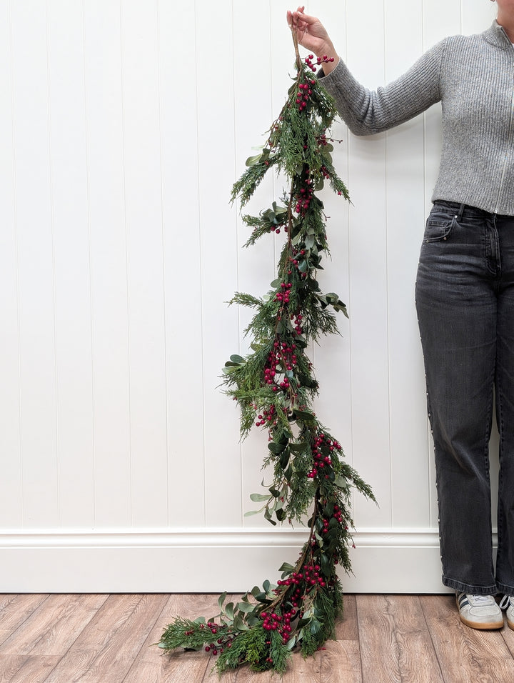 Real Touch Cypress, Olive Leaf and Red Berry Garland (183cm)