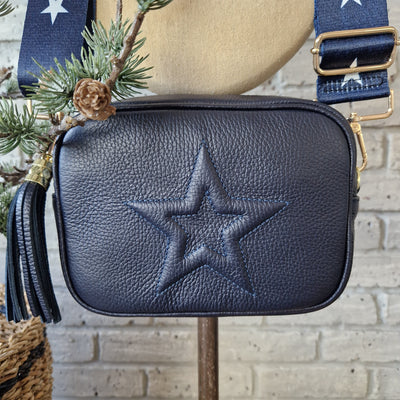 Embossed Star Tassel Leather Bag - Navy