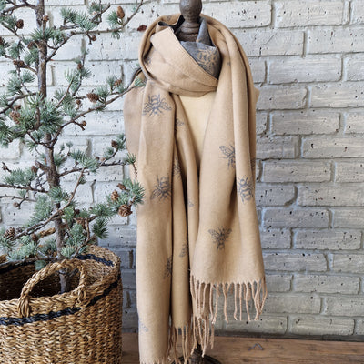 Cashmere Bee Scarf - Camel/Grey