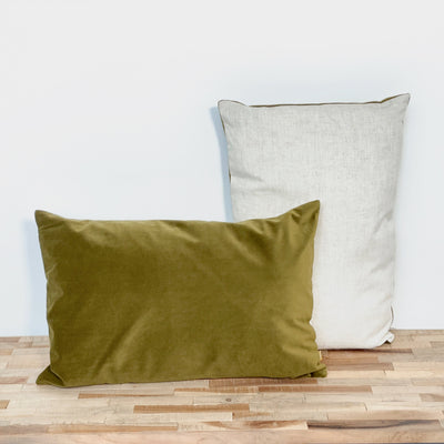 Contra Olive Velvet and Linen Rectangular Cushion